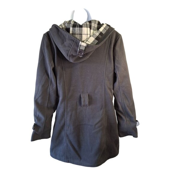 CS Women’s Hooded Peacoat Jacket L Gray Plaid Double Breasted Classic Preppy - Picture 2 of 8